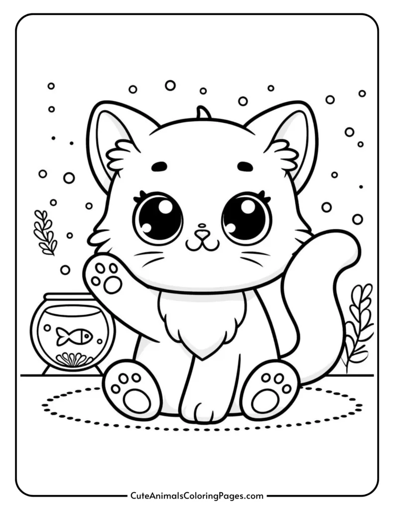 kawaii cute kitten sitting on rug with goldfish in background