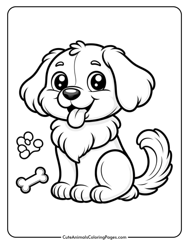 cute golden retriever with bone and paw print to color