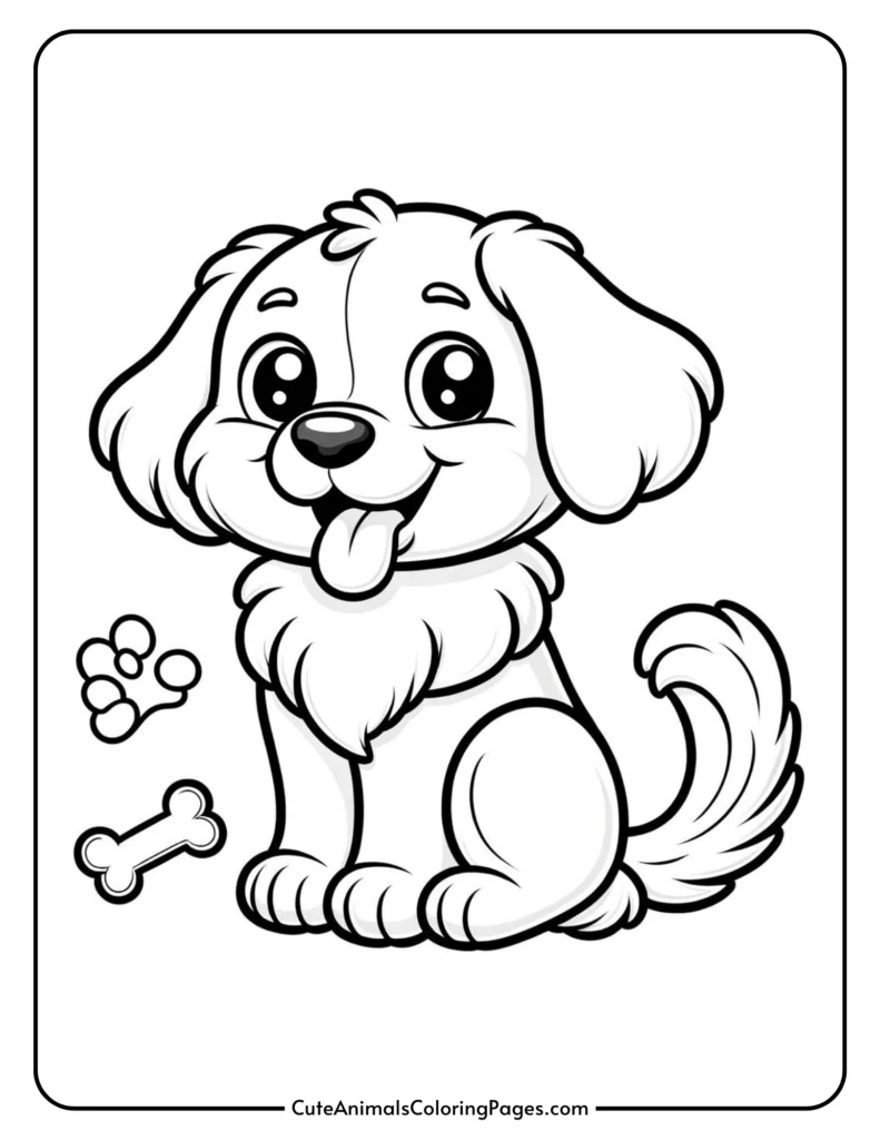 cute golden retriever with bone and paw print to color