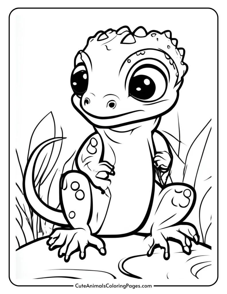 lizard coloring page with lizard standing on ground with leaves