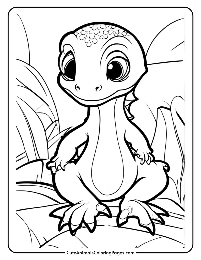 happy lizard coloring page with lizard standing up with leaves in background