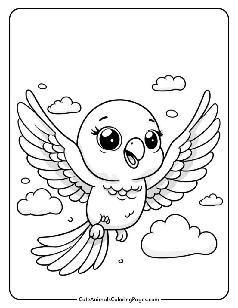 smiling parrot coloring page flying in sky with clouds