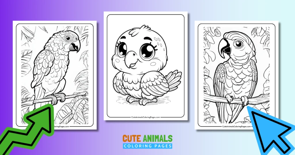 collection of cute parrots coloring pages with three cute parrots