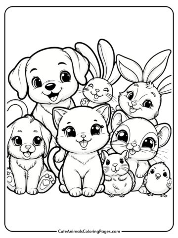 group of pets including dog, cat, hamster, chick, and rabbit