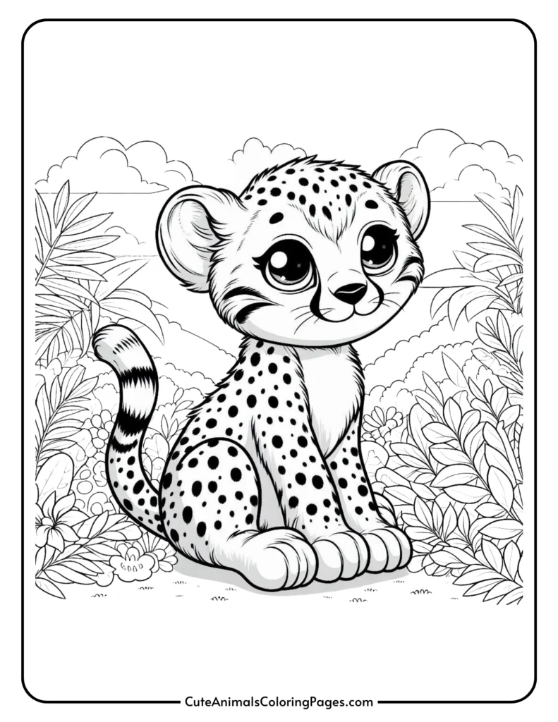 Cute baby cheetah coloring page with big eyes and spotted fur sitting in a jungle background.