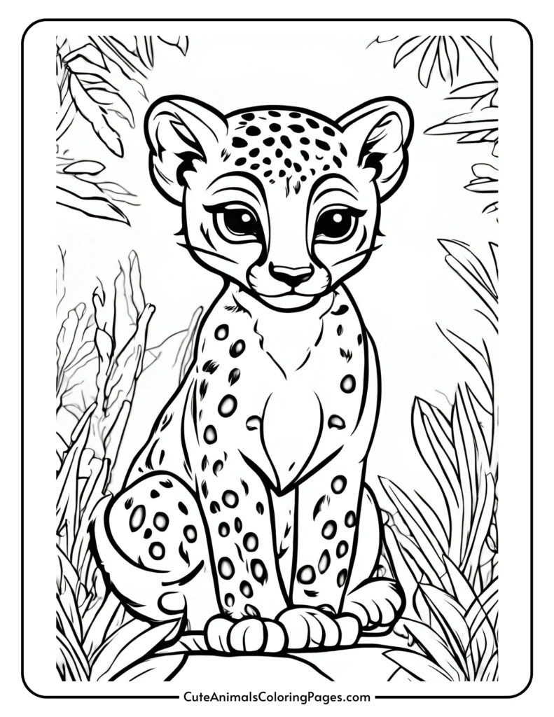 Coloring page of a cute baby cheetah sitting in a jungle setting with plants in the background.