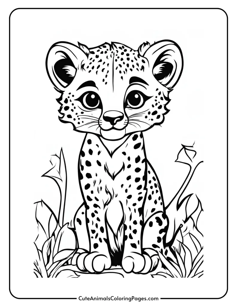 Cute baby cheetah coloring page for kids featuring a sitting cheetah with big eyes and spots, surrounded by plants.