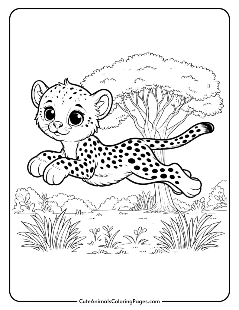 Coloring page of a cute baby cheetah leaping in a grassy landscape with a tree in the background.