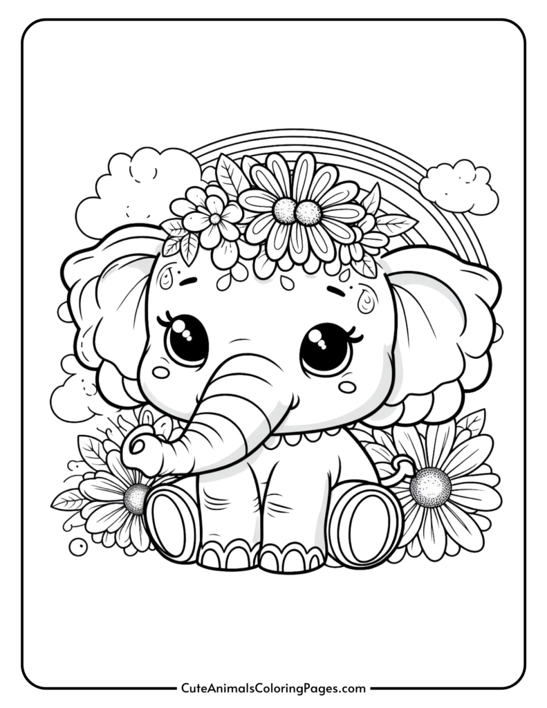 Cute baby elephant coloring page with flower crown and rainbow background.