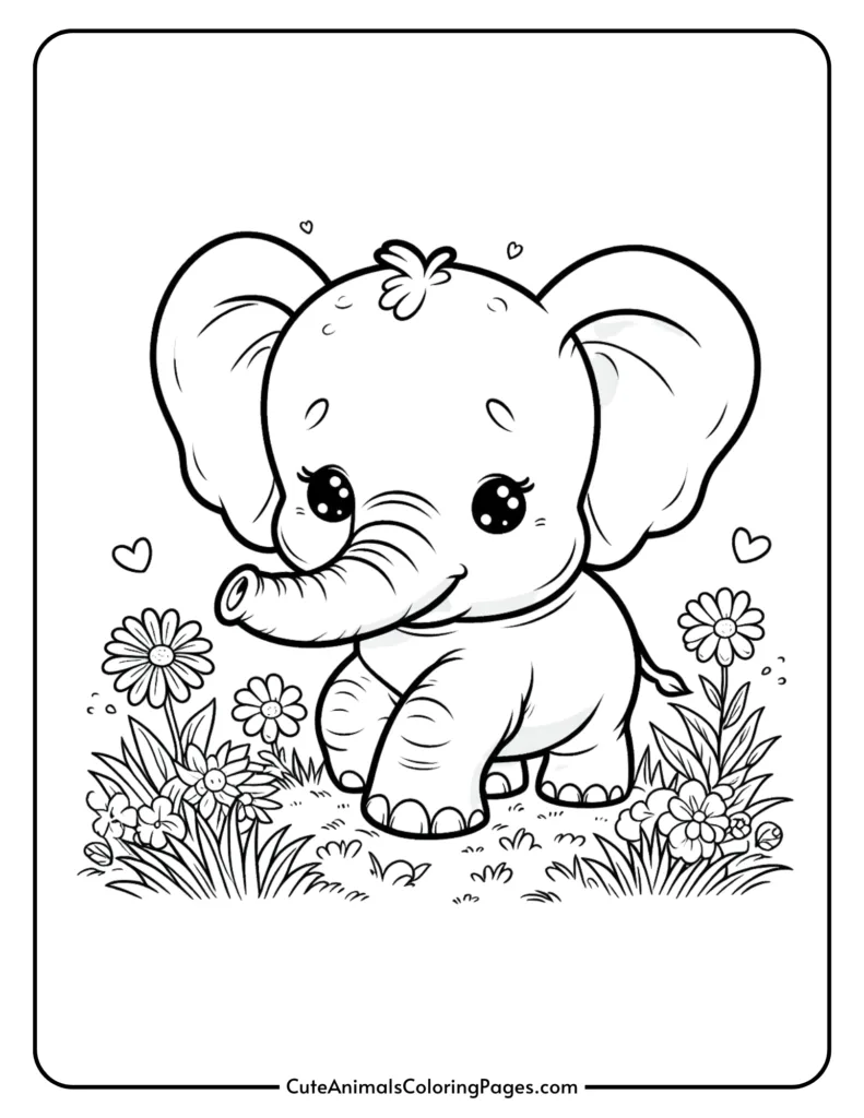 Cute baby elephant coloring page with flowers and hearts, perfect for kids' animal-themed activities.