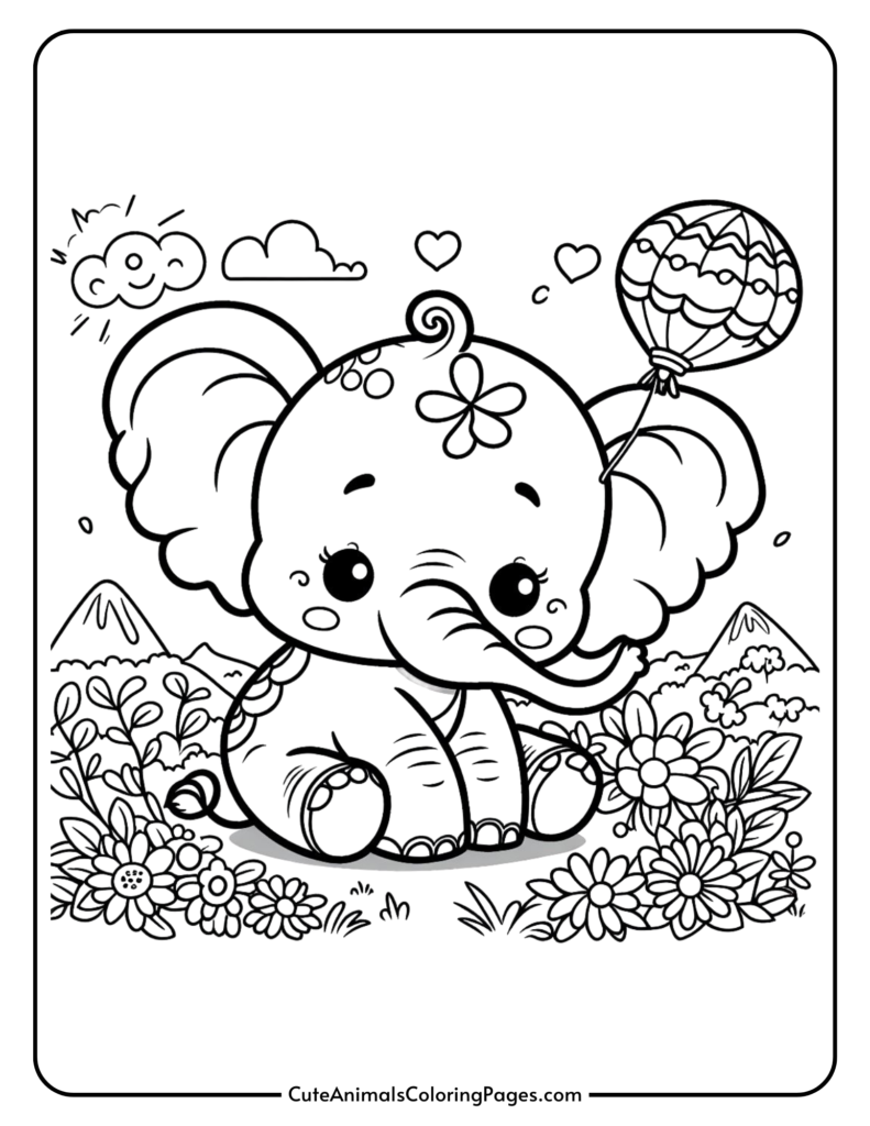 Cute cartoon baby elephant holding a balloon, surrounded by flowers and mountains, coloring page for kids.