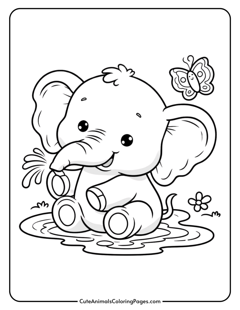 Cute baby elephant coloring page with butterfly and water splash.