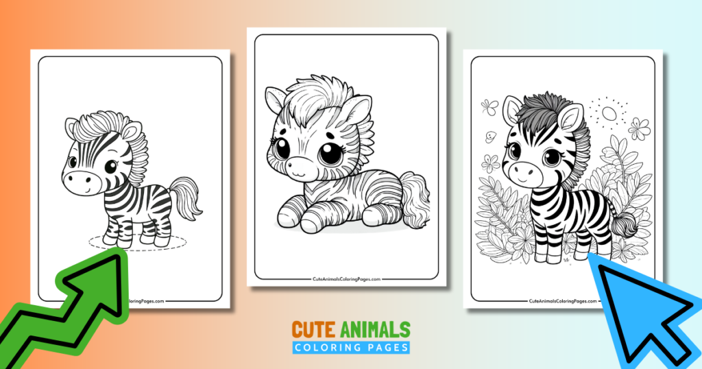 Three cute zebra coloring pages for kids from Cute Animals Coloring Pages.