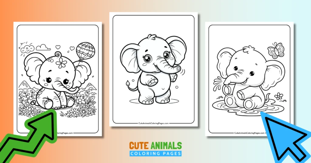 Three cute elephant coloring pages for kids, featuring playful and adorable baby elephants in different scenes, perfect for printable coloring activities.