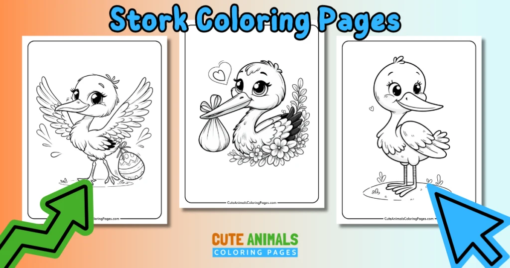 Stork coloring pages for kids featuring cute stork illustrations to print and color.