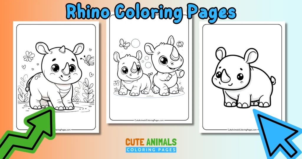 Rhino coloring pages for kids featuring cute and playful rhinos in different poses, available at Cute Animals Coloring Pages.