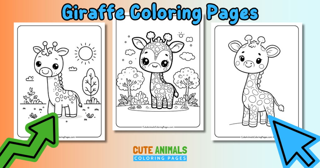 Giraffe coloring pages for kids featuring cute giraffes in different backgrounds, provided by Cute Animals Coloring Pages.