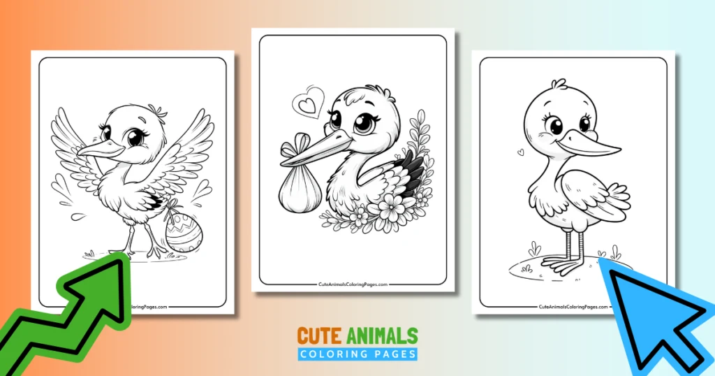 Three cute stork coloring pages for kids featuring adorable storks in different poses, perfect for printable animal coloring activities.