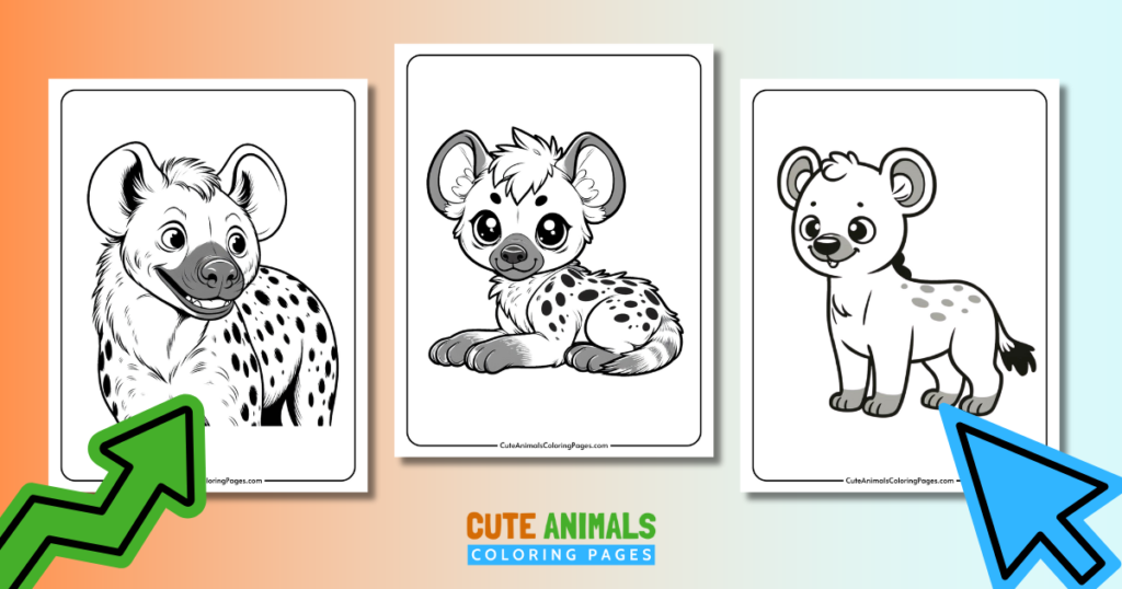 Hyena coloring pages for kids featuring three cute hyena illustrations to color, provided by Cute Animals Coloring Pages.