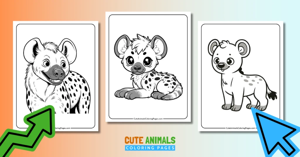 Hyena coloring pages for kids featuring three cute hyena illustrations to color, provided by Cute Animals Coloring Pages.