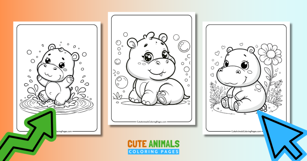 Three cute hippo coloring pages for kids, featuring hippos playing in water, surrounded by bubbles, and sitting near flowers.