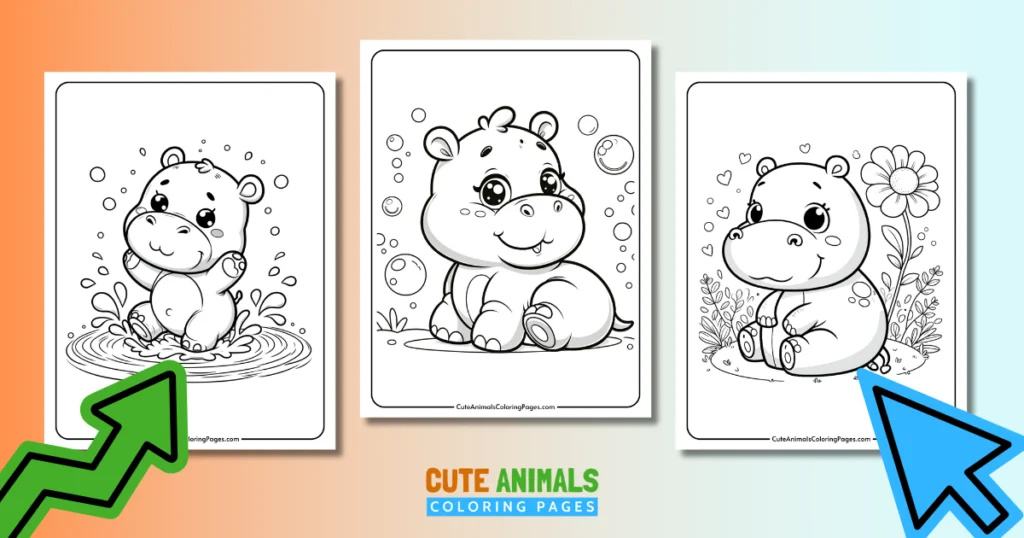 Three cute hippo coloring pages for kids, featuring hippos playing in water, surrounded by bubbles, and sitting near flowers.