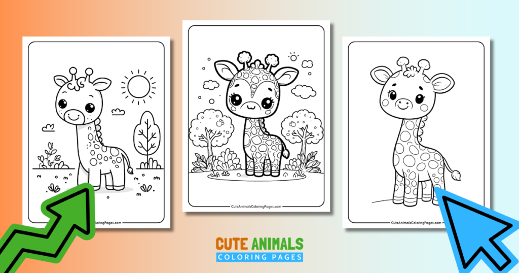 Three cute giraffe coloring pages for kids with different backgrounds and designs.