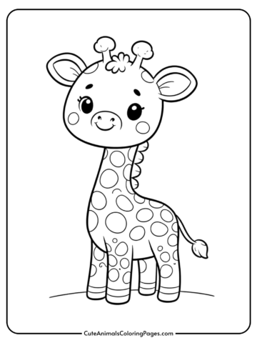 Cute baby giraffe coloring page for kids with large spots and a smiling face.