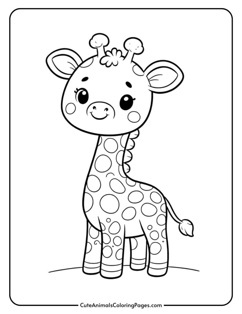 Cute baby giraffe for kids with large spots and a smiling face.