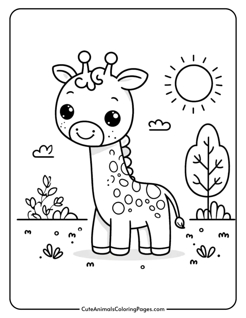 Cute giraffe coloring page for kids with sun and trees in the background.