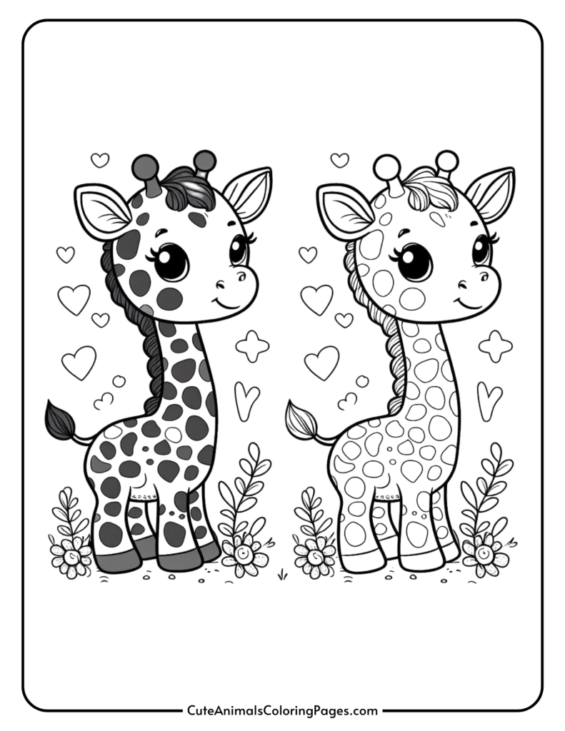 Two cute giraffes with hearts and flowers background.