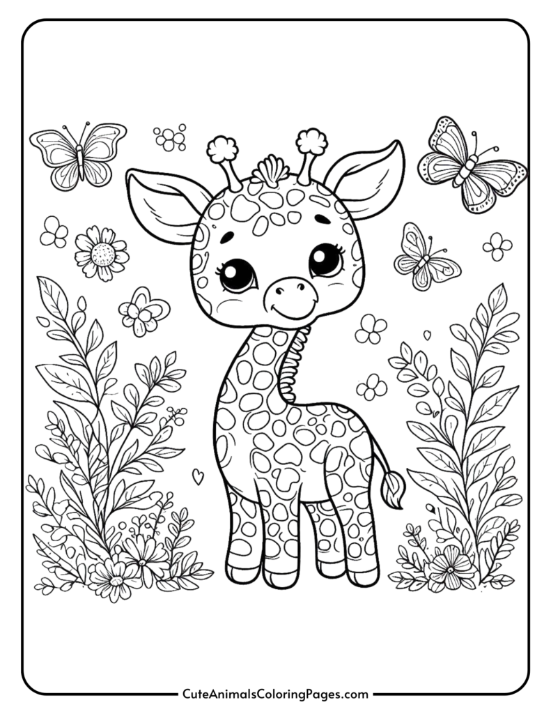 Cute baby giraffe coloring page with butterflies and flowers.