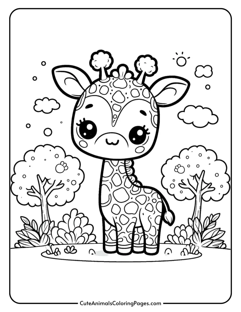 Cute baby giraffe coloring page for kids featuring a cartoon giraffe in a forest with trees and clouds.