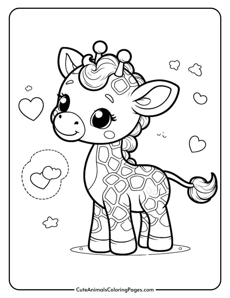 Cute baby giraffe coloring page with hearts and stars, perfect for kids' coloring activities.