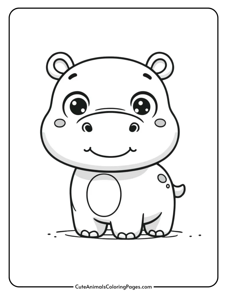 Cute baby hippo coloring page for kids featuring a smiling cartoon hippo with big eyes and small ears.