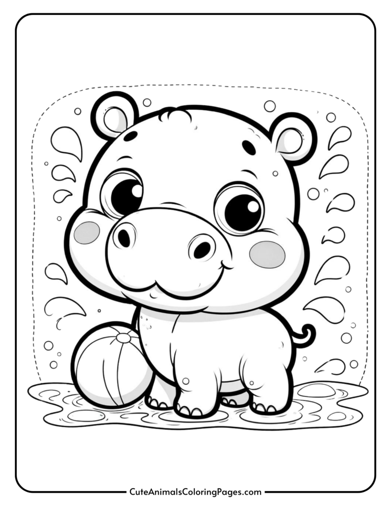 Cute baby hippo coloring page with a beach ball and water splashes, ideal for kids' activities and animal-themed fun.