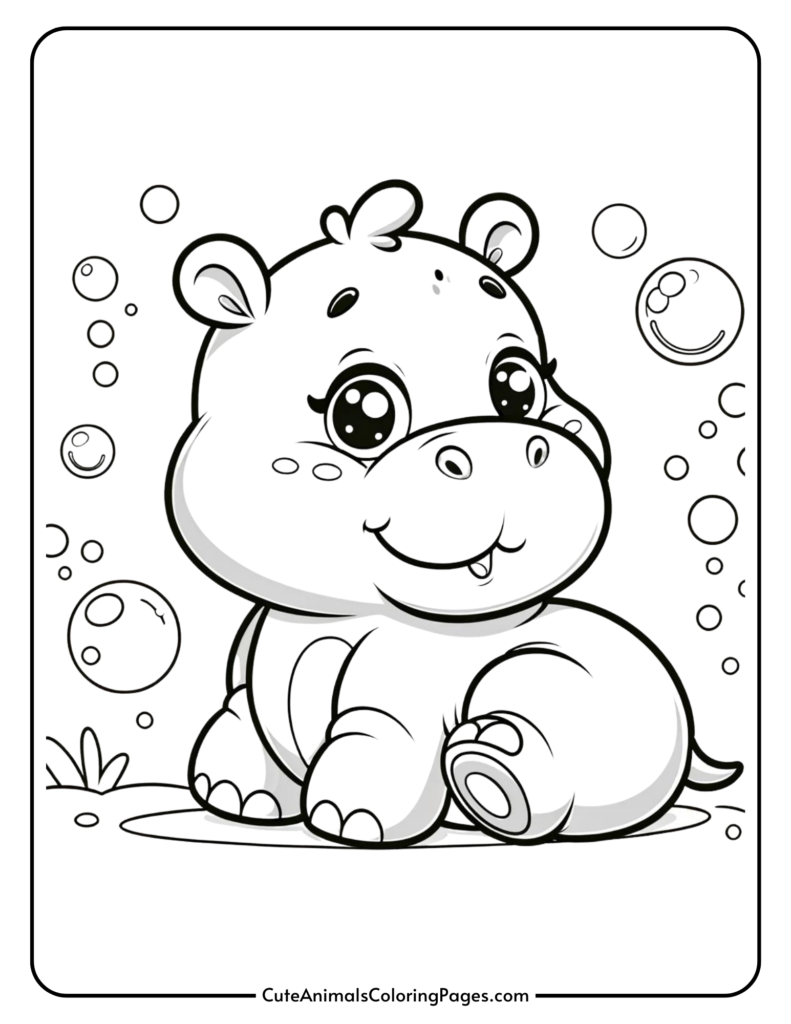 Cute baby hippo coloring page with bubbles in the background.