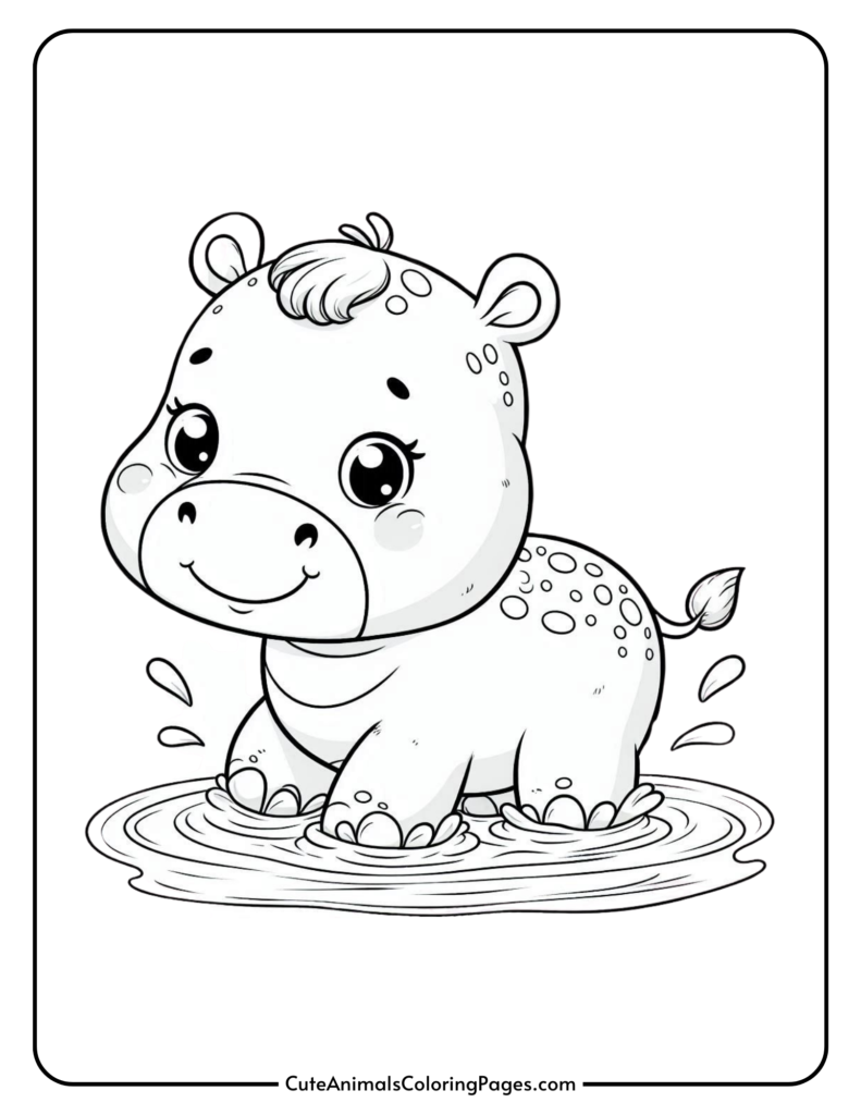 Cute baby hippo coloring page for kids featuring a smiling hippo splashing in water. Perfect for animal-themed coloring activities.