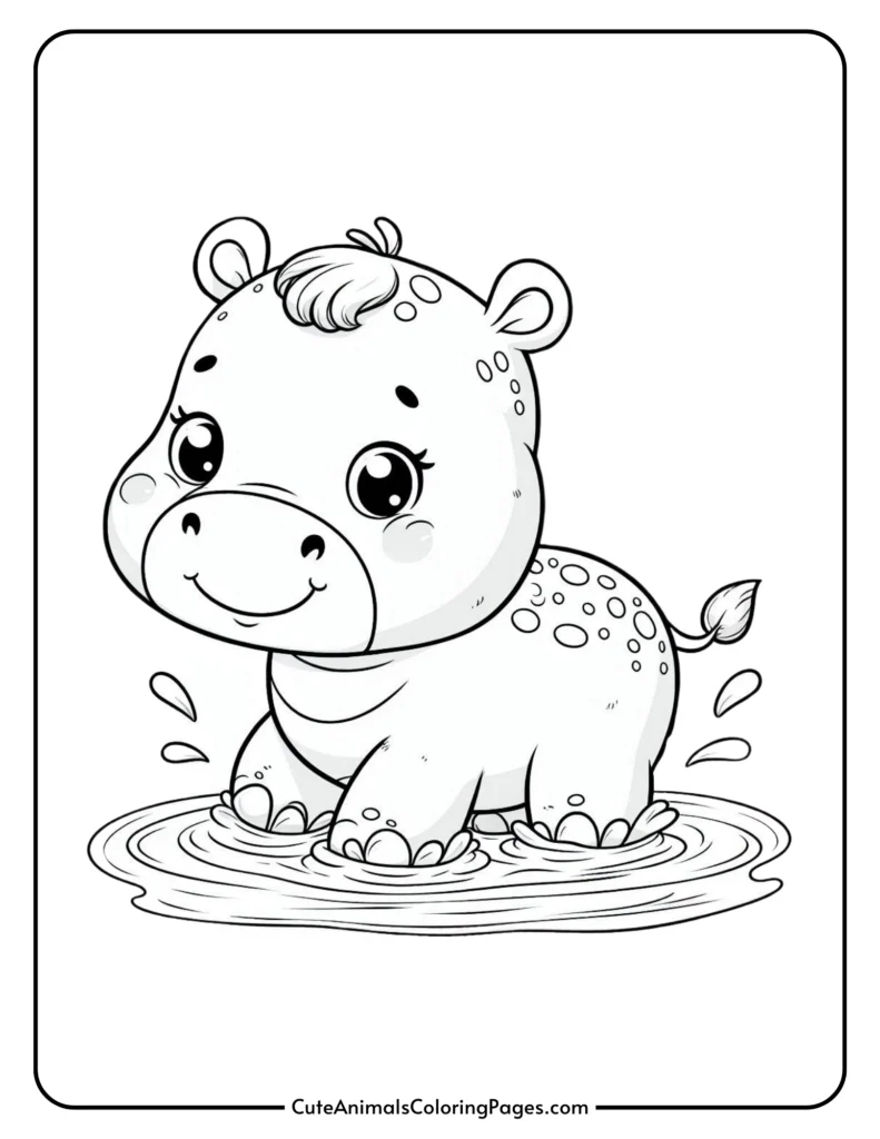 Cute baby hippo coloring page for kids featuring a smiling hippo splashing in water. Perfect for animal-themed coloring activities.