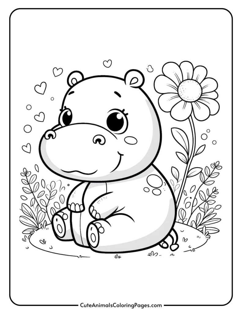 Cute baby hippo with flower and hearts background.