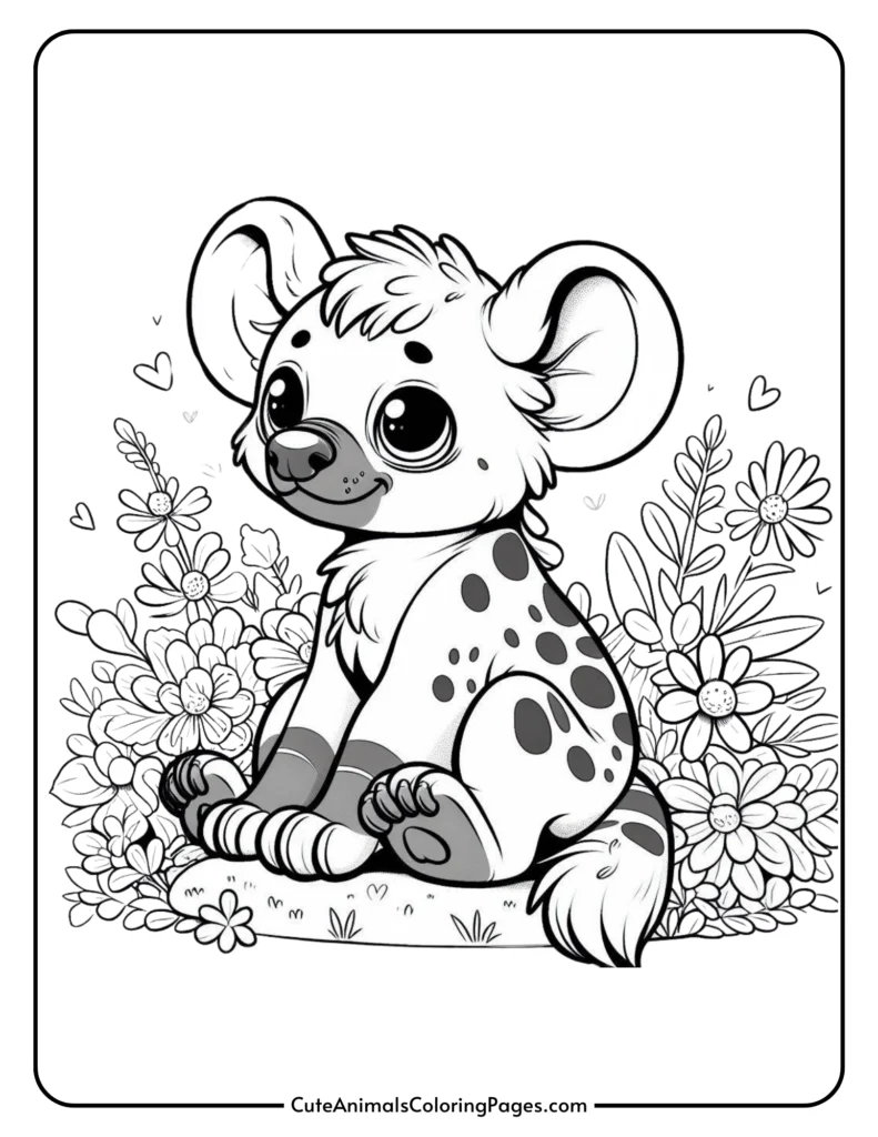 Cute cartoon hyena sitting among flowers coloring page for kids.