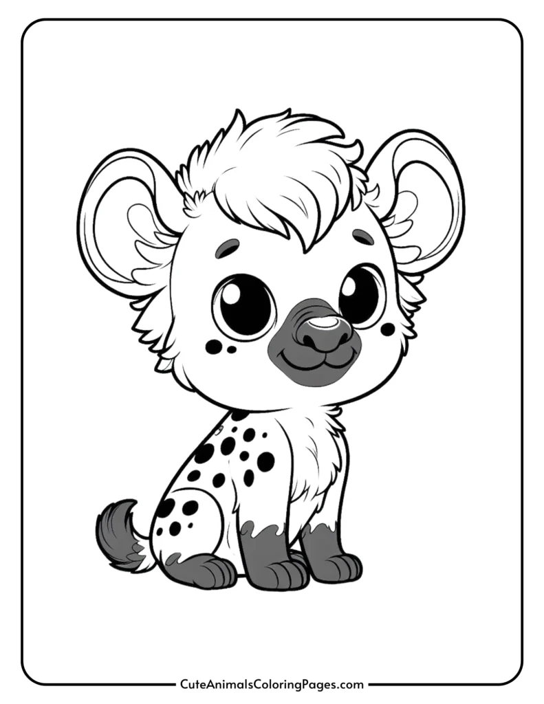 Cute cartoon hyena coloring page for kids featuring a smiling hyena with large ears and spots.