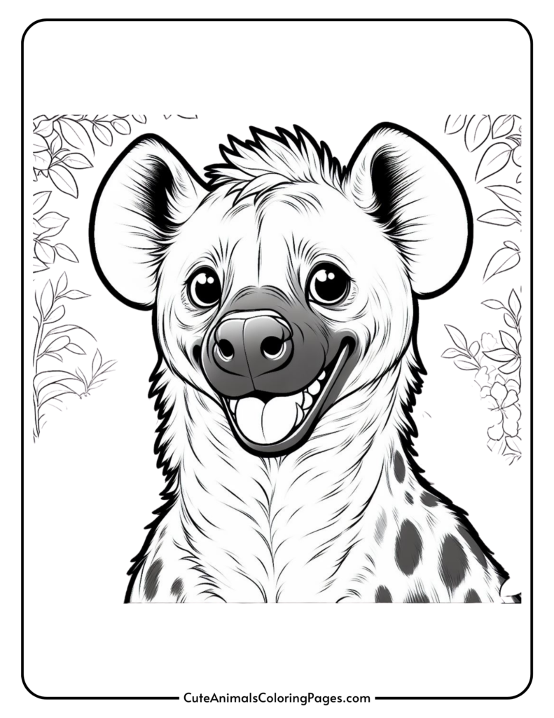 Cartoon hyena with a smiling face and leafy background.