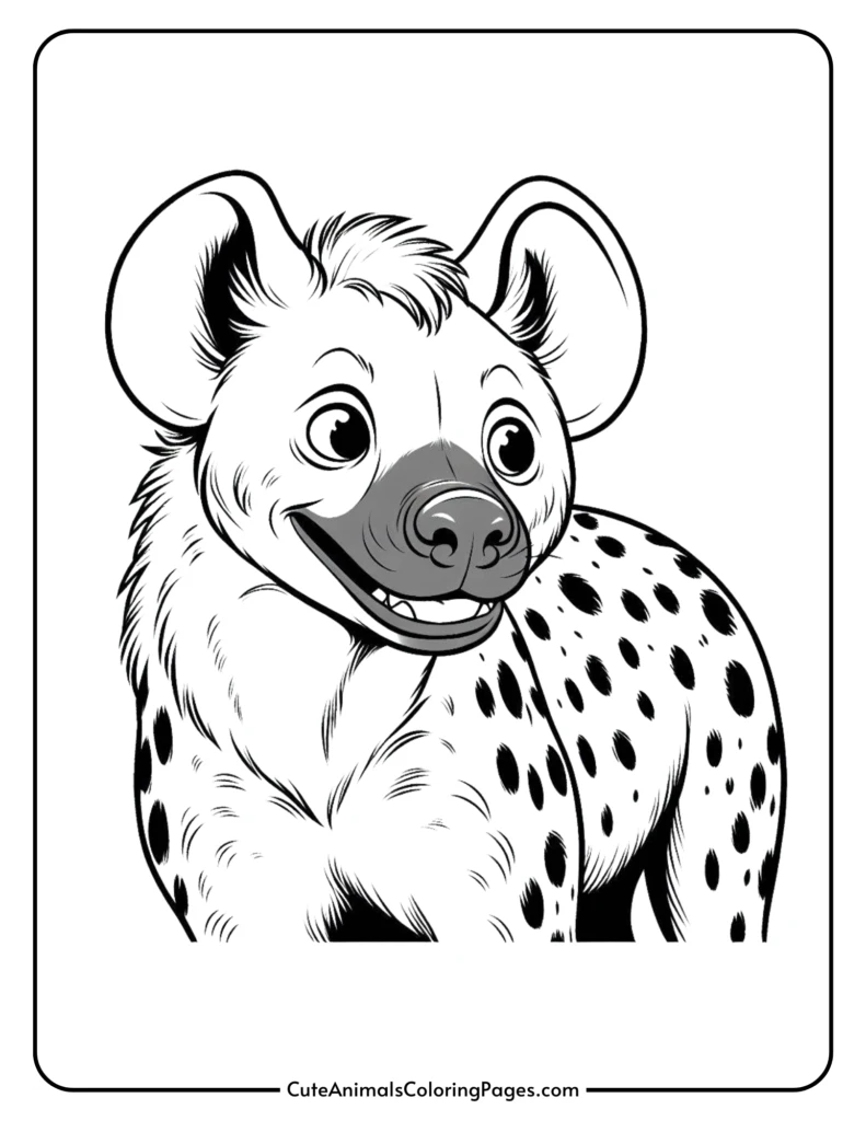 Hyena for kids featuring a smiling hyena with big ears and spotted fur.