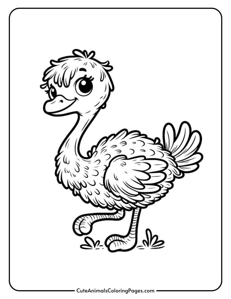 Cartoon ostrich coloring page for kids with cute and friendly design. Printable black and white illustration for children's activities.