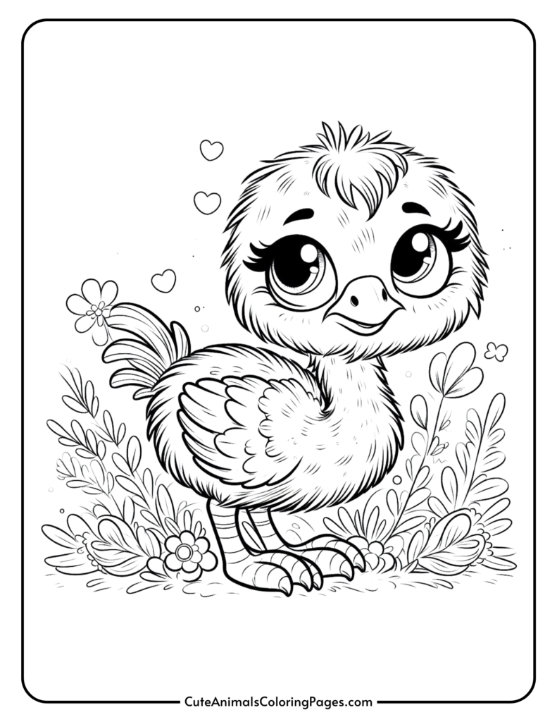 Cute baby bird coloring page with big eyes, surrounded by flowers and hearts, perfect for kids' activities and animal-themed coloring fun.