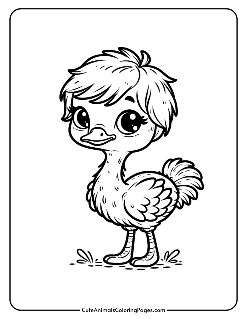 Cute baby ostrich coloring page for kids, black and white illustration, printable animal drawing.