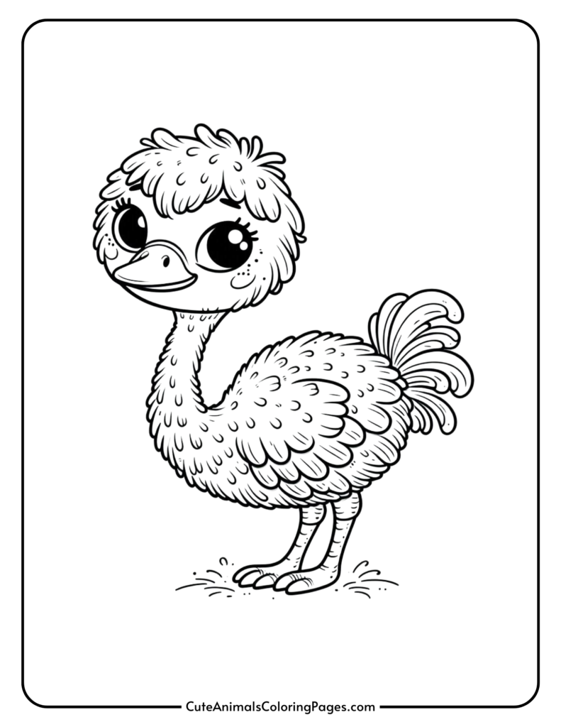 Cute cartoon ostrich coloring page for kids.