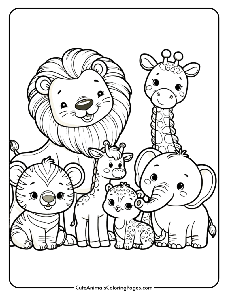 Cute animal coloring page featuring a lion, giraffe, tiger, elephant, and leopard for kids.