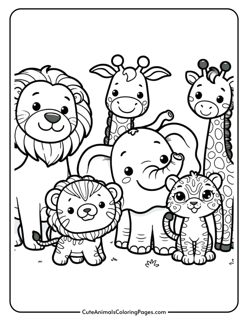 Cute animal coloring page featuring a lion, giraffes, elephant, and tiger cub.